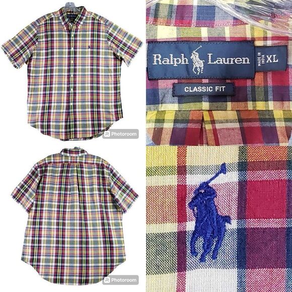 Polo Ralph Lauren Shirt Oxford Mens Size XL Plaid Button Down SS Collared - Picture 1 of 10